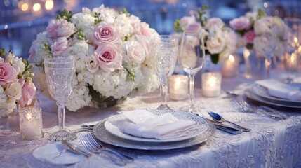 Elegant wedding table with floral centerpiece and fine china, radiating timeless romance and sophistication

