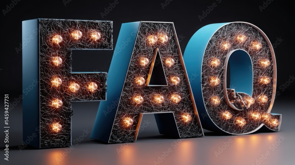 Poster the word faq illuminated by a glowing light bulb representing answers to common questions in a visua