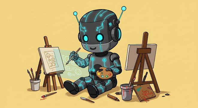 cute cartoon illustration, artistic cyborg creating generative art in a room, unemployed artists due to ai, concept art illustration. ,isolated on bright background, no text