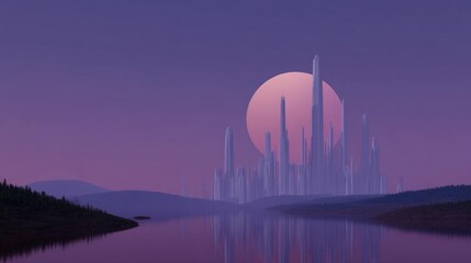 Digital illustration of a futuristic cityscape with a large pink moon in the background. the city is made up of tall, cylindrical structures that appear to be skyscrapers or towers.