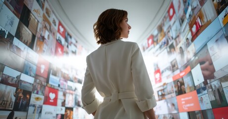 Fototapeta premium Female entrepreneur stands confidently in front of vibrant display of digital screens, showcasing various images and logos, embodying innovation and creativity in modern workspace
