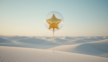 Fototapeta premium Star picket. Golden Star Balloon Floating Over White Sand Dunes Landscape