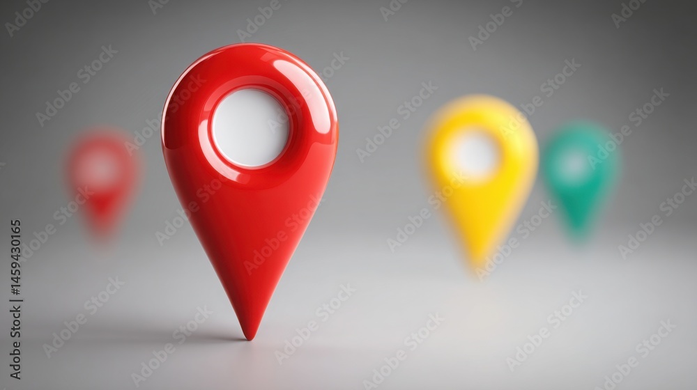 Poster a unique red pin with a hole in the middle positioned on a map symbolizing targeting and focus in bu
