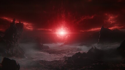 Red glowing sky dark rocky landscape fantasy background