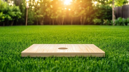Wooden cornhole board on green lawn in sunlight