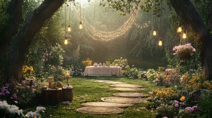 Obraz premium Enchanted garden table setting under lights for fairytale event celebration