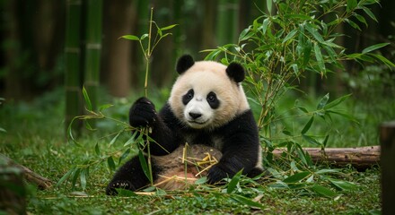 Obraz premium Adorable giant panda enjoying fresh bamboo in its natural habitat a serene moment in nature