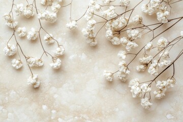 Delicate dried white flowers arranged on a light beige background.  Soft, gentle, and airy feel