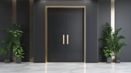 Modern double door interior design with gold accents and plants