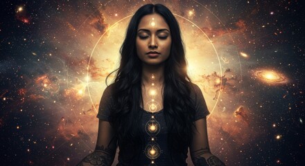 Inner Cosmos: A Woman's Journey - A serene woman meditates, chakras glowing, symbolizing inner peace, spiritual awakening, cosmic connection, universal energy, and self-discovery