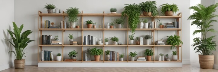 Oversized bookcase filled with various plants against a bright white wall , home, plant shelf
