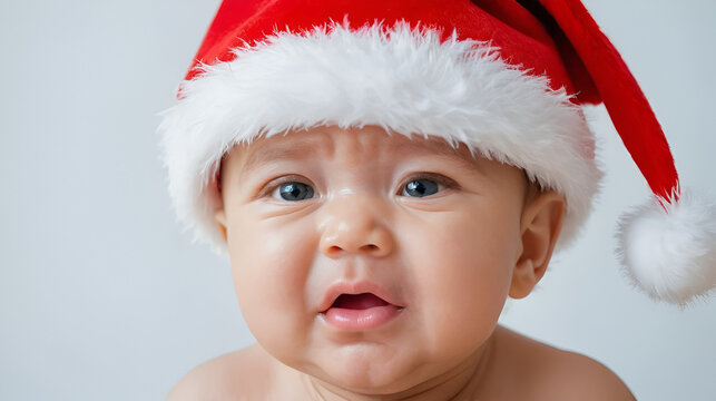 Portrait of baby in a red Christmas hat is crying