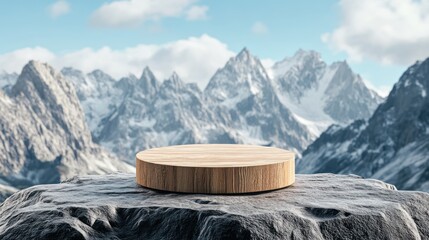 Wooden Platform on Mountain Peak with Stunning Snowy Mountain Range View