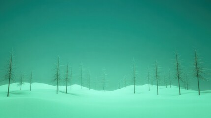 Snowy winter landscape minimalist green forest scene