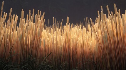 Close-up of a field of tall, golden-brown reeds. the reeds are arranged in a way that they are swaying in the wind, creating a sense of movement and energy.