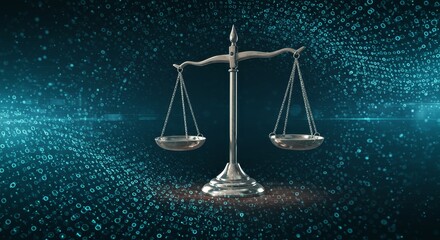 Justice: Scales of Law in the Data Age - Modern law, technology, balance, justice, data privacy. Symbolizing the intersection of legal systems and technology