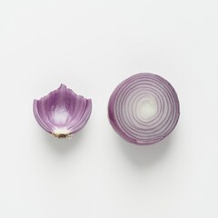 Two halves of a purple onion, one sliced and one open, on a white background