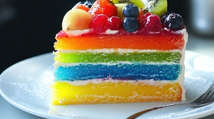 A vibrant rainbow layered cake, adorned with a colorful array of fresh fruits, sits elegantly on a pristine white plate.  The dessert is a delightful feast for the eyes.