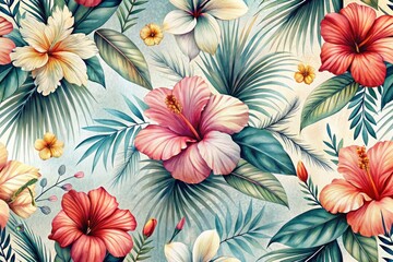 Abstract Floral Seamless Pattern: Hand-Drawn Hibiscus & Minimalist Wildflowers Long Exposure Photography