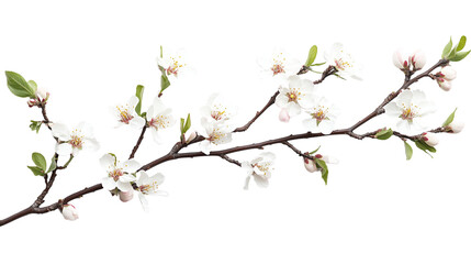 Almond flower with small white flowers and green leaves, Almond flower with small white flowers and greenness, Almond white flowers among green leaves, on a transparent backgrounds