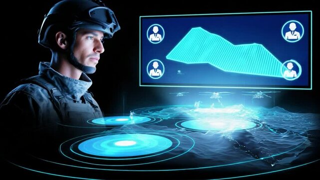 Military technology displays holographic data for strategic operations in a futuristic environment - Powered by Adobe