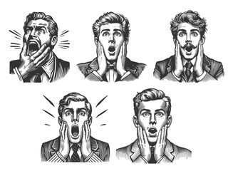 Businessman man in suit displaying exaggerated shocked or surprised expressions Set collection bundle sketch engraving generative ai vector illustration. Scratch board imitation. Black and white image