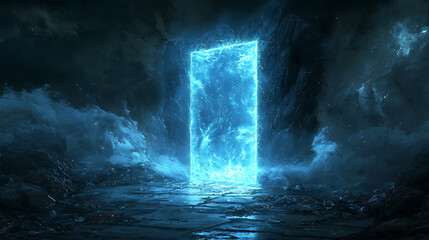 Obraz premium A blue, glowing, open door in a dark, stormy sky
