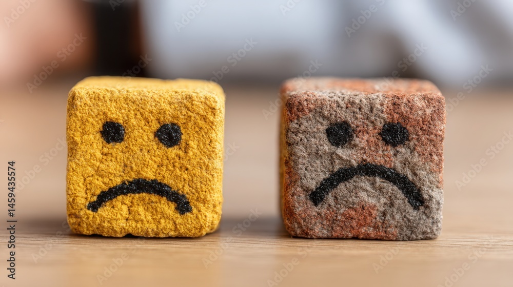 Poster two different colored blocks with faces representing diverse emotions and expressions in a playful a