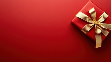 Red gift box with gold ribbon on red background