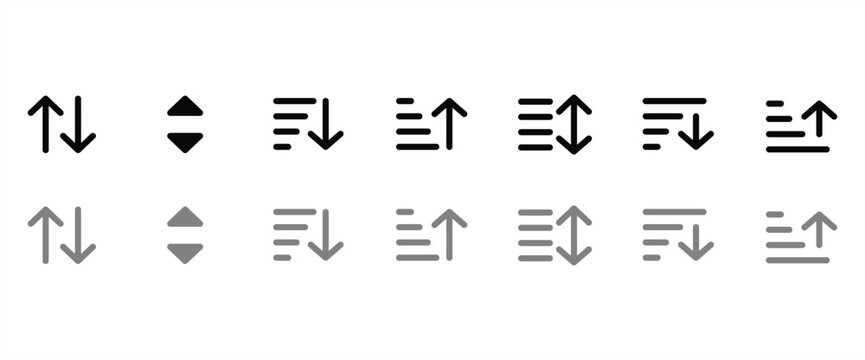 Sort and filter vector flat icon set with directional arrows and list lines. Toolbar icon. Ribbon tool line icon set. Ideal for UI UX design in transparent background. Editable stroke. Eps10