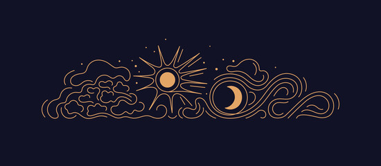 Sun, moon, art line cloud, night sky, golden stars