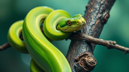 Fototapeta premium A vibrant green snake coils around a dark branch in a lush rainforest environment showcasing its striking scales and intense gaze.