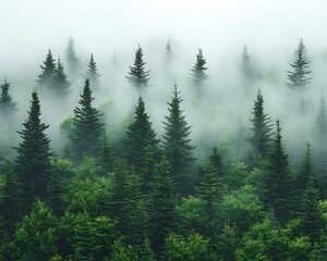 Misty evergreen forest, aerial view