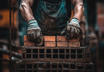 Close-up of worker's hands placing bricks in a bricklaying grid.  Muddy, worn work clothes and gloves are visible