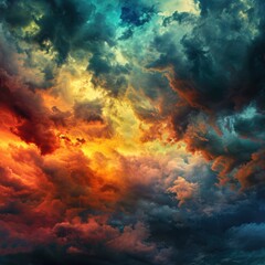 Obraz premium Dramatic sky transformation showcasing vibrant clouds illuminated by sunset colors over an expansive horizon