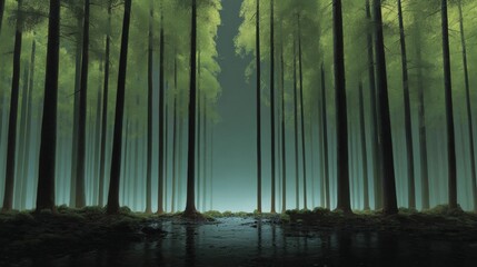 Fototapeta premium Landscape photograph of a dense forest with tall trees. the trees are tall and slender, with their trunks reaching up towards the sky.