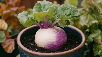 A turnip top with purple stem growing from moist soil in a designer planter.