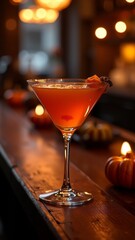 A pink cocktail with a lemon wedge garnish on a wooden bar top