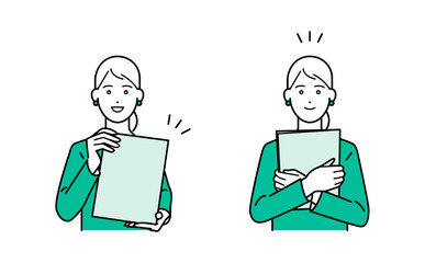 ビジネススーツを着て、バインダーを抱える女性のシンプルな上半身ベクターイラストセット