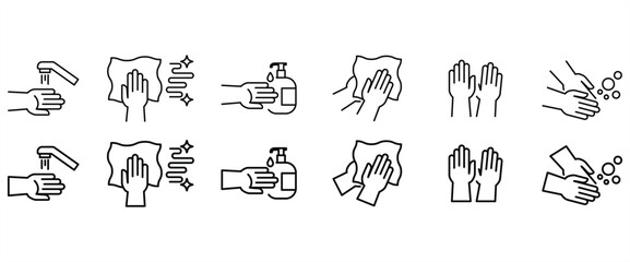 Line icon set of Cleaning cloth. Household equipment signs. Trending minimalist icons for cleaning. Gloves, soap and Spray Bottle, Vector illustration on transparent background. Editable stroke. Eps10