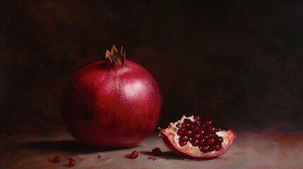 A whole pomegranate on a deep burgundy background, creating a rich, elegant mood.