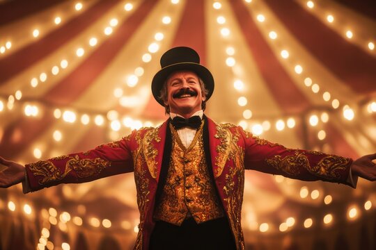 Charismatic Circus Ringmaster on Stage with Spotlights