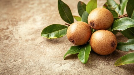 A whole sapodilla fruit on a sand tone background, warm and rustic.