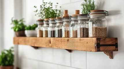 A wooden spice rack holding glass jars in a farmhouse kitchen