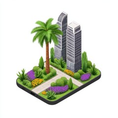 Obraz premium Urban landscape featuring modern skyscrapers surrounded by lush greenery and vibrant flower beds creating a harmonious blend of nature and architecture for creative inspiration