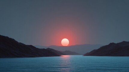Landscape photograph of a beautiful sunset over a body of water. the sky is a deep blue with a few wispy clouds. the sun is setting in the background, casting a warm orange glow over the horizon.
