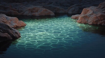 3d rendering of a natural landscape with a body of water in the center. the water is a deep blue-green color and appears to be reflecting the surrounding rocks and boulders.