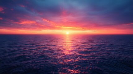 Fototapeta premium Vibrant sunset over calm ocean with pink orange sky and reflection on water