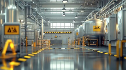 Chemical plant with tanks, pipelines, and safety signs.