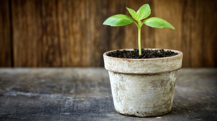 Chic home garden pot with one thriving basil sprout, vibrant green and healthy.